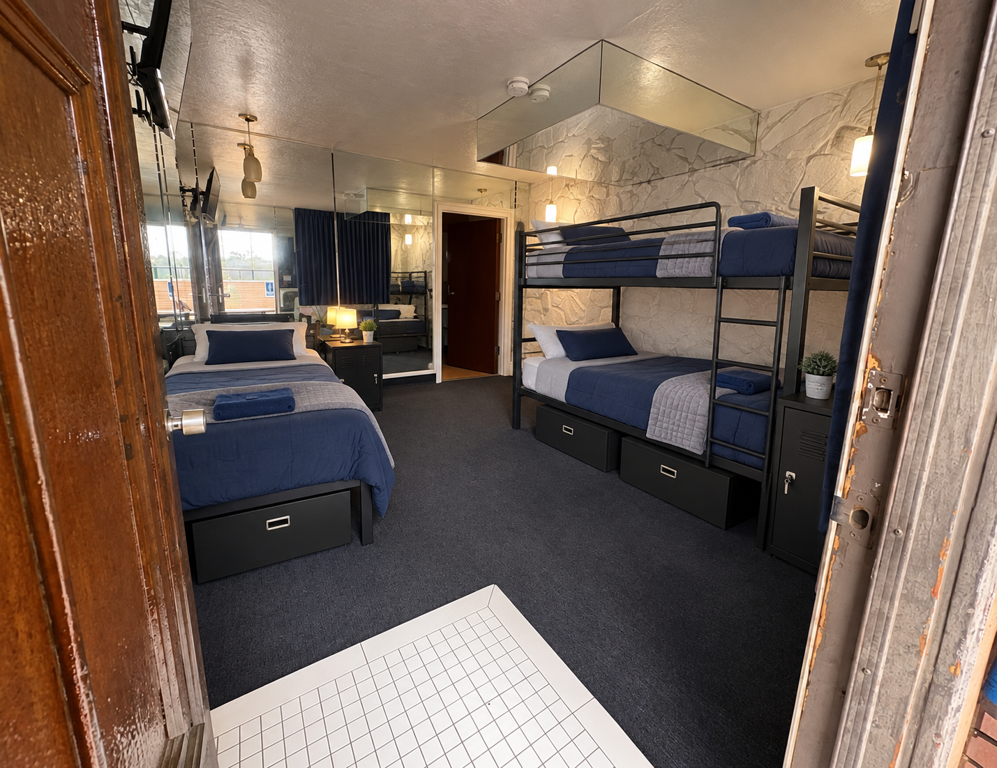 Concept based on the candidate motel room, furnished with a bunk bed and a single bed